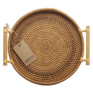 Rattan Round Serving Tray Wicker Woven Bread Basket with Handles for Cracker Dinner Parties Coffee Table Breakfast