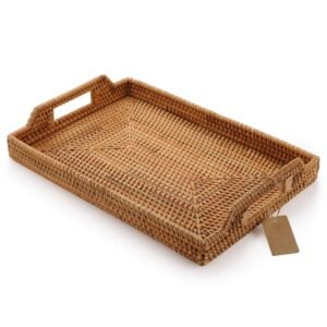 Hand-Woven Rattan Rectangular Serving Tray with Handles for Breakfast, Drinks, Snack for Coffee Table