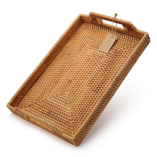 Hand-Woven Rattan Rectangular Serving Tray with Handles for Breakfast, Drinks, Snack for Coffee Table - Image 2