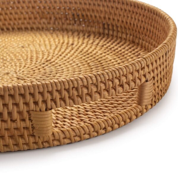 Coffee Table Tray Round Rattan Ottoman Tray Woven Serving Trays with Handles for Home and Kitchen Decorative Whitewash - Image 2