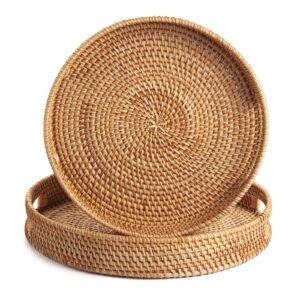 Coffee Table Tray Round Rattan Ottoman Tray Woven Serving Trays with Handles for Home and Kitchen Decorative Whitewash