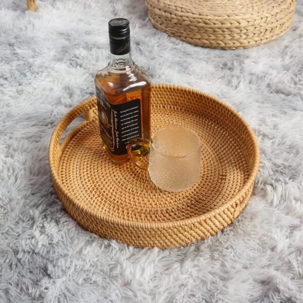 Coffee Table Tray Round Rattan Ottoman Tray Woven Serving Trays with Handles for Home and Kitchen Decorative Whitewash - Image 5