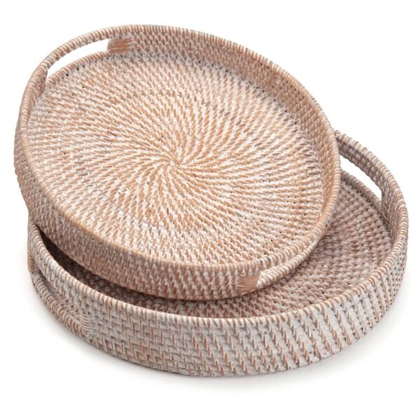 Coffee Table Tray Round Rattan Ottoman Tray Woven Serving Trays with Handles for Home and Kitchen Decorative Whitewash - Image 4
