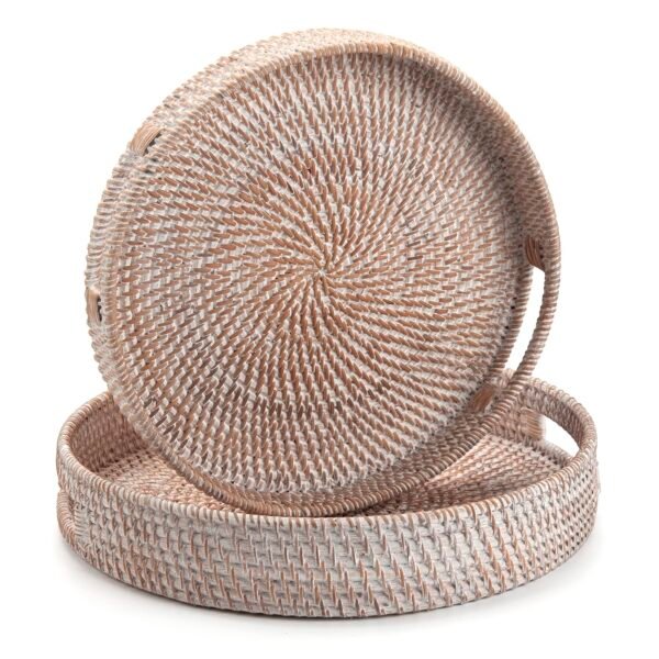 Coffee Table Tray Round Rattan Ottoman Tray Woven Serving Trays with Handles for Home and Kitchen Decorative Whitewash - Image 6