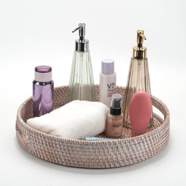 Coffee Table Tray Round Rattan Ottoman Tray Woven Serving Trays with Handles for Home and Kitchen Decorative Whitewash - Image 8