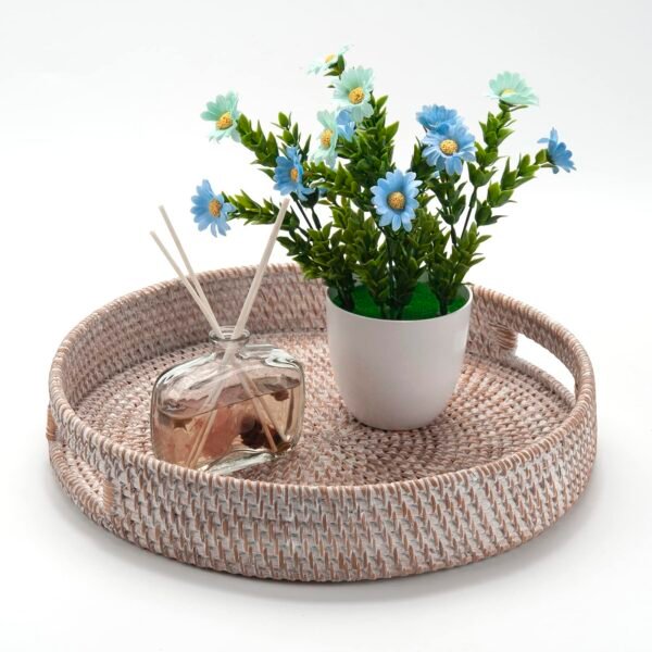 Coffee Table Tray Round Rattan Ottoman Tray Woven Serving Trays with Handles for Home and Kitchen Decorative Whitewash - Image 10