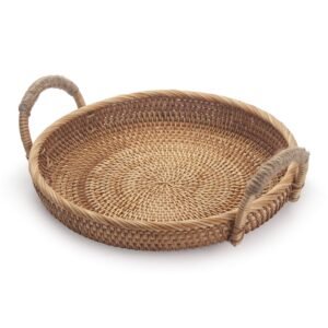 Rattan Round Fruit Basket for Table Wicker Bread Tray with Handle for Serving Food, Crackers, Snacks (11inch D x 1.8inch H)