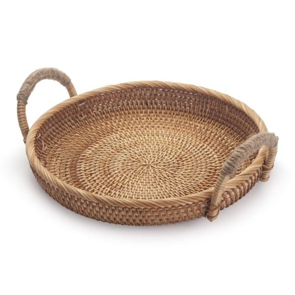 Rattan Round Fruit Basket for Table Wicker Bread Tray with Handle for Serving Food, Crackers, Snacks (11inch D x 1.8inch H)