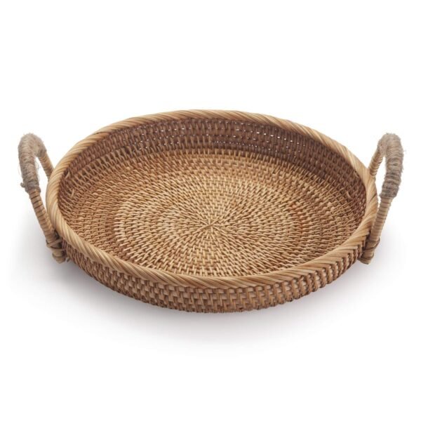 Rattan Round Fruit Basket for Table Wicker Bread Tray with Handle for Serving Food, Crackers, Snacks (11inch D x 1.8inch H) - Image 2