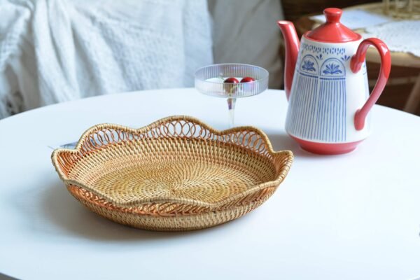 Rattan Fruit Basket for Serving Woven Bread Tray for Cake Kitchen Counter Table Natural (11.8inch D x 3.5inch H) - Image 11