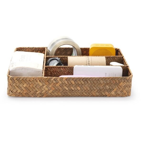 Seagrass Storage Basket with Compartments Utensil Tray for Organization Silverware Flatware Rectangular Shelf Baskets with 4 Sections Natural - Image 6
