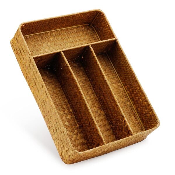 Seagrass Storage Basket with Compartments Utensil Tray for Organization Silverware Flatware Rectangular Shelf Baskets with 4 Sections Natural - Image 7