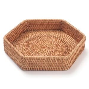 Hexagon Rattan Serving Tray for Coffee Table Woven Decorative Basket Trays for Ottoman Natural
