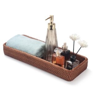 Rattan Bathroom Vanity Trays Toilet Tank Baskets Long Narrow Hand Towel Storage Basket for Storage, Decorative