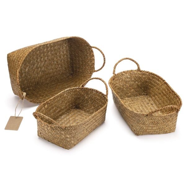 Seagrass Woven Baskets for Storage Natural Shelf Basket with Handle for Organizer Stackable Oval Set of 3 (Large+Medium+Small) - Image 5