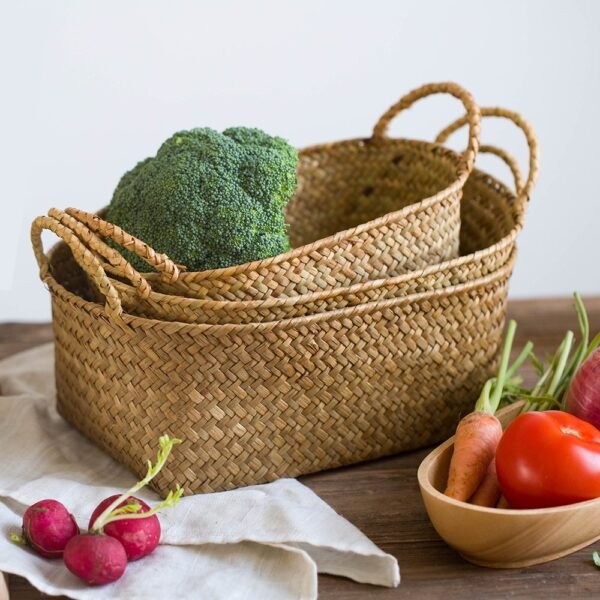 Seagrass Woven Baskets for Storage Natural Shelf Basket with Handle for Organizer Stackable Oval Set of 3 (Large+Medium+Small) - Image 7