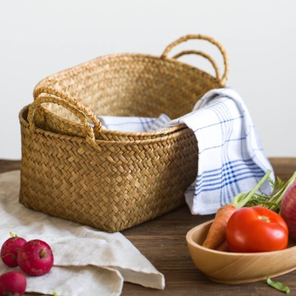 Seagrass Woven Baskets for Storage Natural Shelf Basket with Handle for Organizer Stackable Oval Set of 3 (Large+Medium+Small) - Image 8