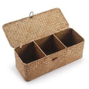 Seagrass Storage Basket with Lid Rectangular Small Woven Shelf Baskets with Sections for Organize Snack Toys Tampon