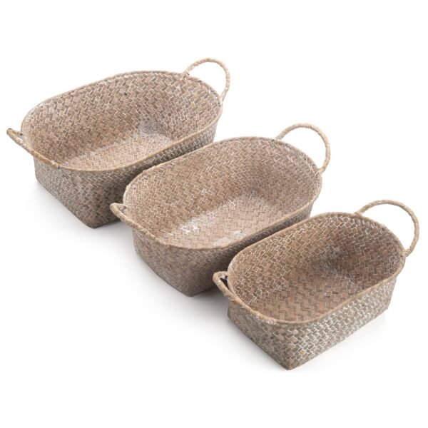 Seagrass Woven Baskets for Storage Natural Shelf Basket with Handle for Organizer Stackable Oval Set of 3 (Large+Medium+Small) - Image 9