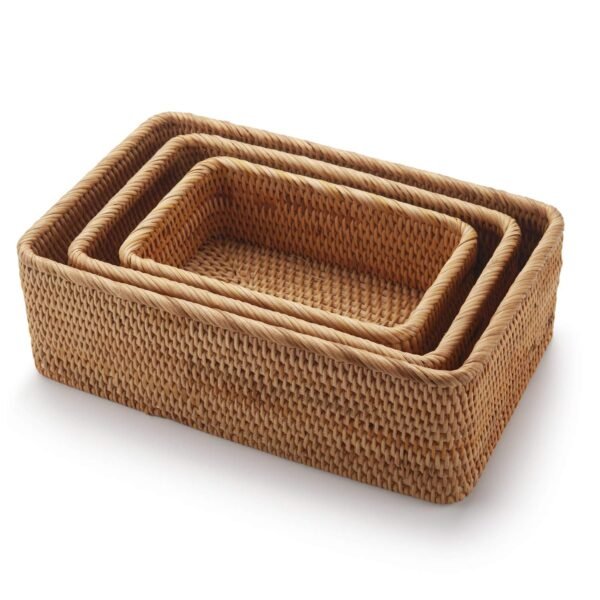 Natural Rattan Fruit Storage Baskets Rectangular Woven Wicker Box for Key Holder Remote Stackable Natural Set of 3 - Image 3