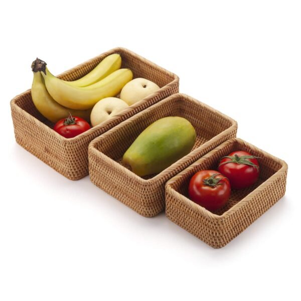 Natural Rattan Fruit Storage Baskets Rectangular Woven Wicker Box for Key Holder Remote Stackable Natural Set of 3 - Image 4