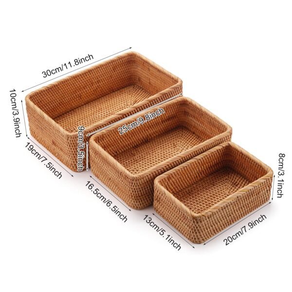 Natural Rattan Fruit Storage Baskets Rectangular Woven Wicker Box for Key Holder Remote Stackable Natural Set of 3 - Image 7