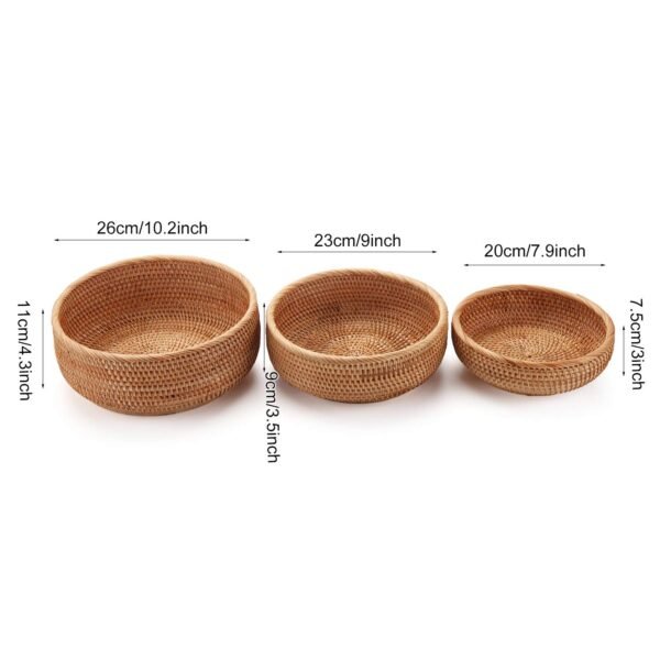 Round Rattan Fruit Baskets Woven Storage Bowls Key Holder Stackable for Shelf Kitchen Tabletop Natural Set of 3 - Image 5