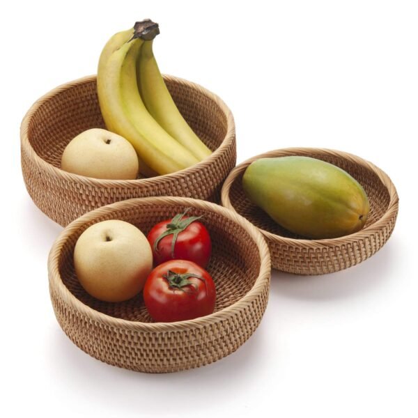 Round Rattan Fruit Baskets Woven Storage Bowls Key Holder Stackable for Shelf Kitchen Tabletop Natural Set of 3 - Image 6