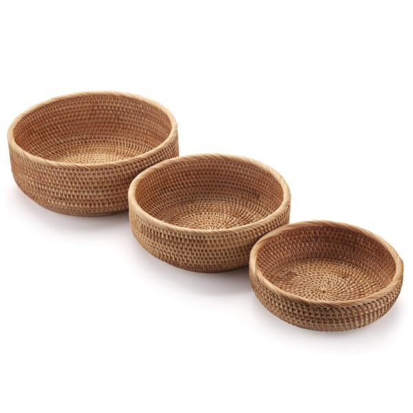 Round Rattan Fruit Baskets Woven Storage Bowls Key Holder Stackable for Shelf Kitchen Tabletop Natural Set of 3 - Image 8