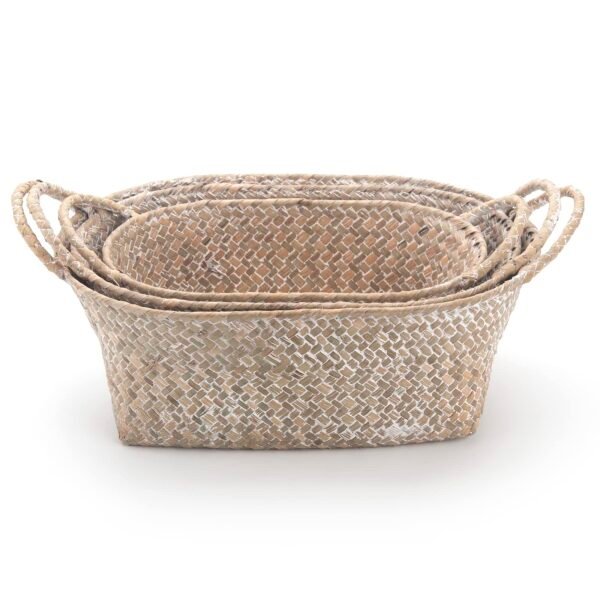 Seagrass Woven Baskets for Storage Natural Shelf Basket with Handle for Organizer Stackable Oval Set of 3 (Large+Medium+Small) - Image 11