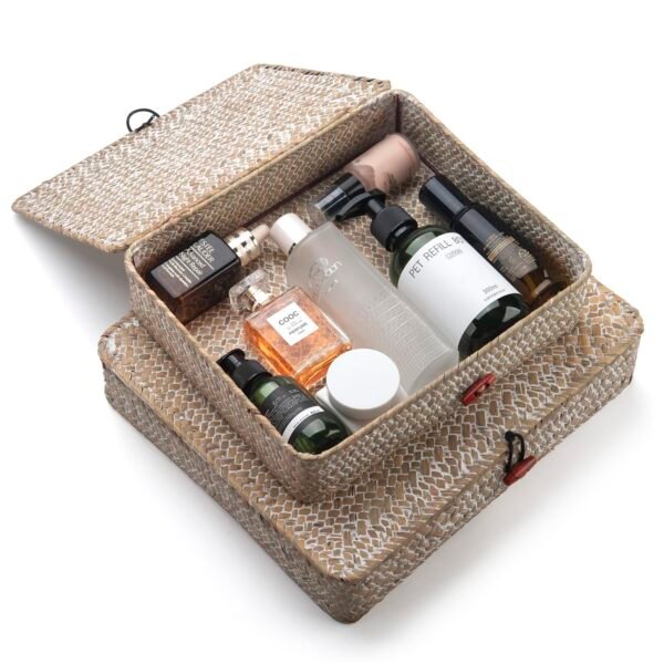 Seagrass Storage Basket Box with Lid Rectangular Woven Shelf Baskets Bins for Organize Snack Toys Set of 2 Natural Decorative(Large+Small) - Image 7