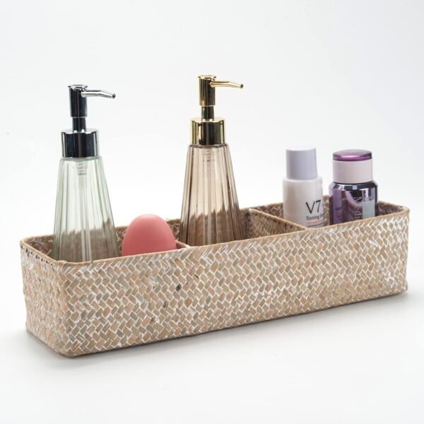 Seagrass Storage Basket 3 Sections Woven Shelf Baskets with Compartment (Whitewash, 14.6inch x 4.7inch x 3.1inch) - Image 4