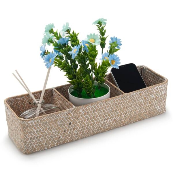 Seagrass Storage Basket 3 Sections Woven Shelf Baskets with Compartment (Whitewash, 14.6inch x 4.7inch x 3.1inch) - Image 5