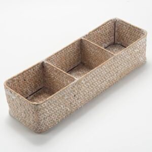 Seagrass Storage Basket 3 Sections Woven Shelf Baskets with Compartment (Whitewash, 14.6inch x 4.7inch x 3.1inch)