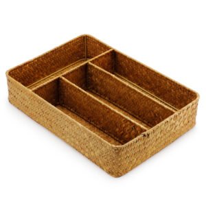 Seagrass Storage Basket with Compartments Utensil Tray for Organization Silverware Flatware Rectangular Shelf Baskets with 4 Sections Natural