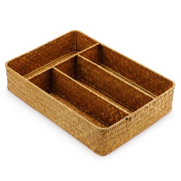 Seagrass Storage Basket with Compartments Utensil Tray for Organization Silverware Flatware Rectangular Shelf Baskets with 4 Sections Natural